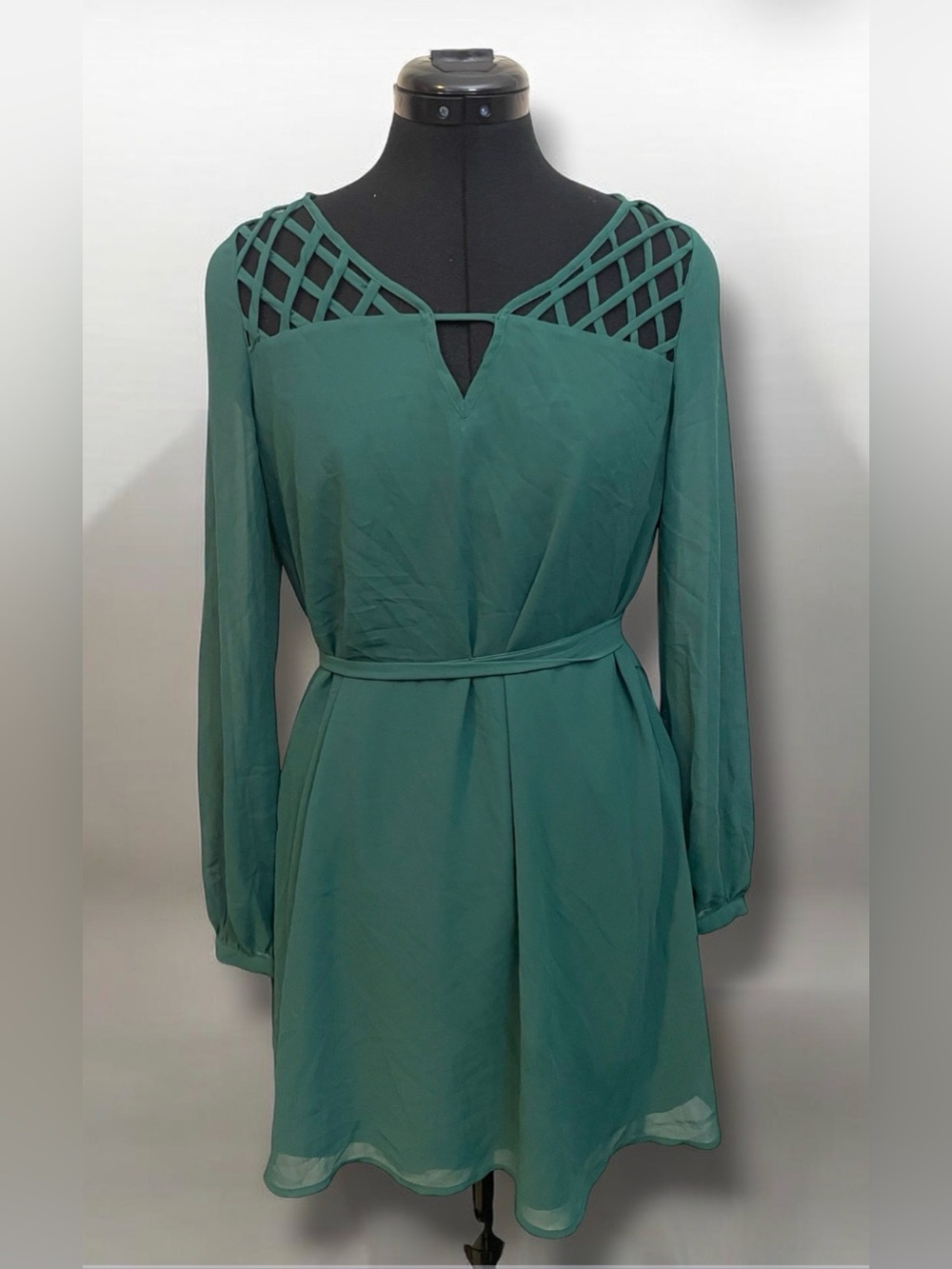Women's Forest Green Strappy Lattice Yoke Collar Long Sleeve Dress